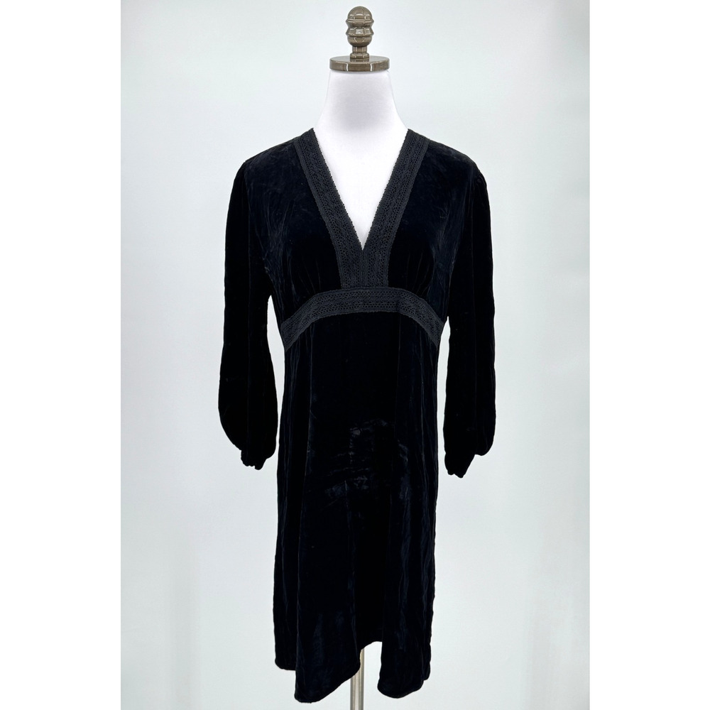 Calypso Christiane Celle Black Velvet Silk Blend V Neck A Line Dress Sz M